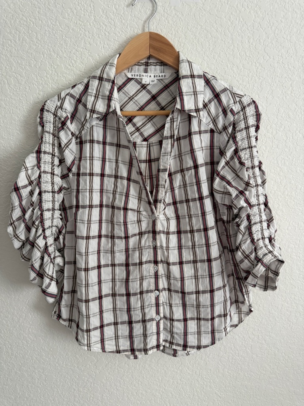 Veronica Beard Porta Plaid Button-Down Ruched 3/4 Sleeves Top Size M